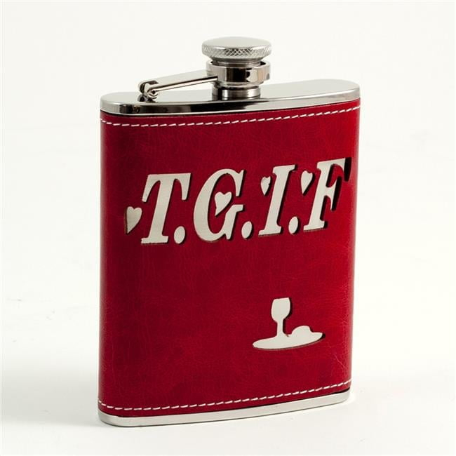 Bey-Berk International FS376 6 oz Stainless Steel Red Leather T.G.I.F. Flask with Stitching, Captive Cap & Durable Rubber Seal - Red & Silver