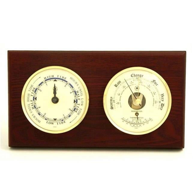 Bey-Berk International  Brass Tide Clock & Barometer with Thermometer - Mahogany