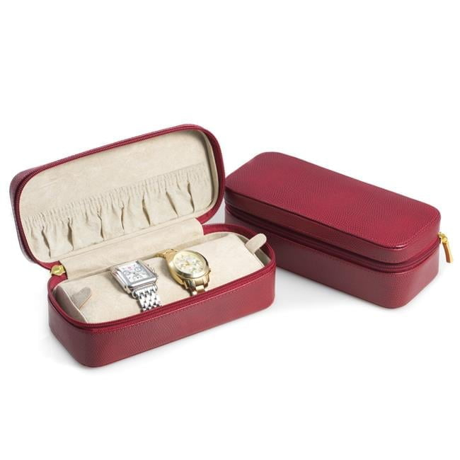 Bey-Berk International  Red Lizard Leather Watch & Bracelet Case with Soft Velour Lining with Zipper Closure