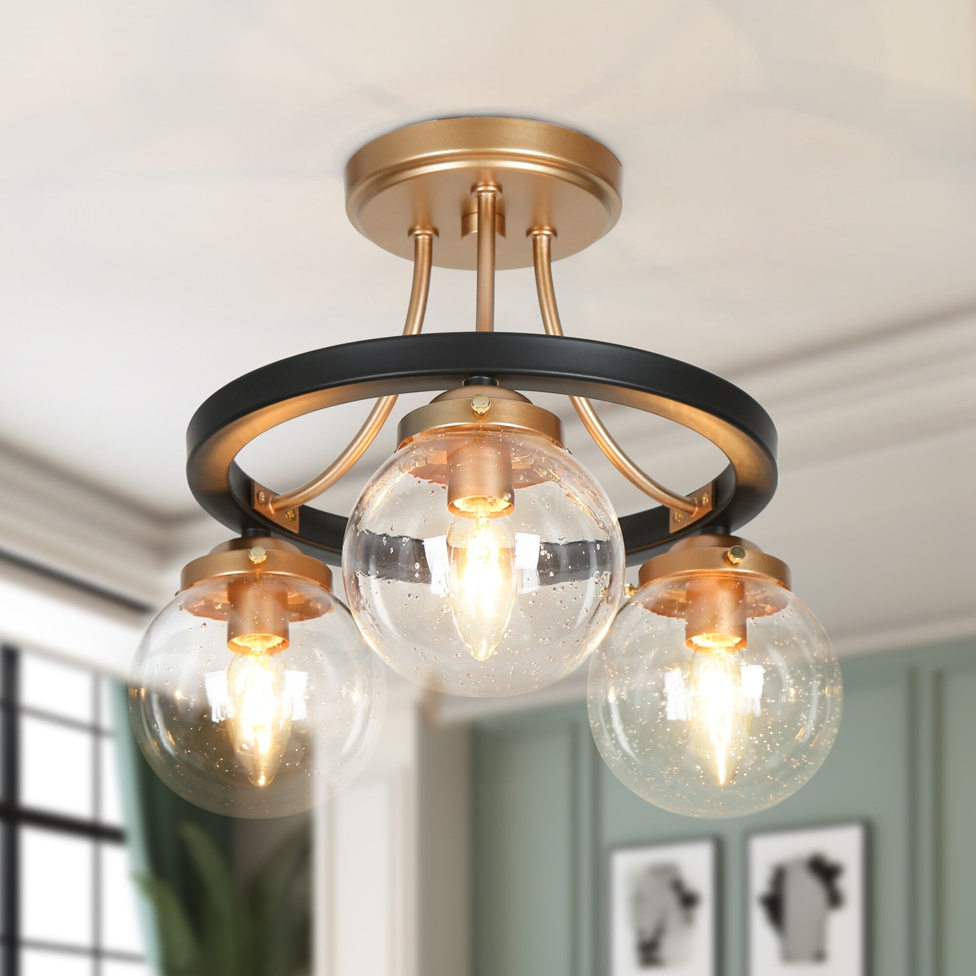 Savonnerie Modern Farmhouse 3-Light Black Gold Semi-Flush Mount Glass Ceiling Light - 14.5" D x 12" H