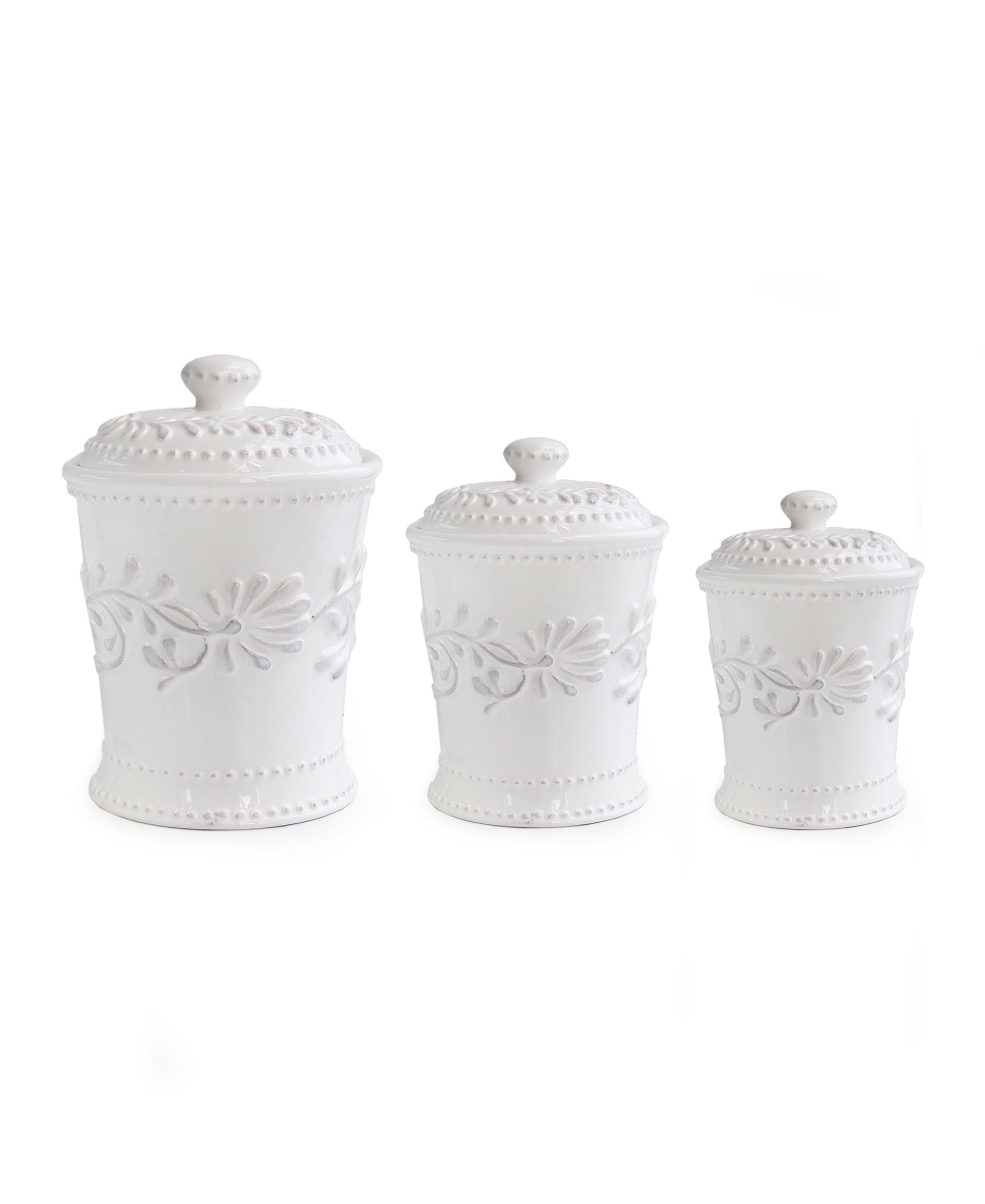 BIANCA LEAF 3PC CANISTER SET 10.25"H80oz, 8.375"H48oz,6.75"H20oz 7.125X10.25" 6.125X8.375" 4.75X6.75 RB