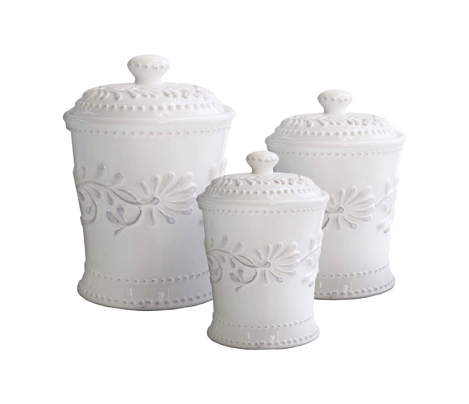 BIANCA LEAF 3PC CANISTER SET 10.25"H80oz, 8.375"H48oz,6.75"H20oz 7.125X10.25" 6.125X8.375" 4.75X6.75 RB