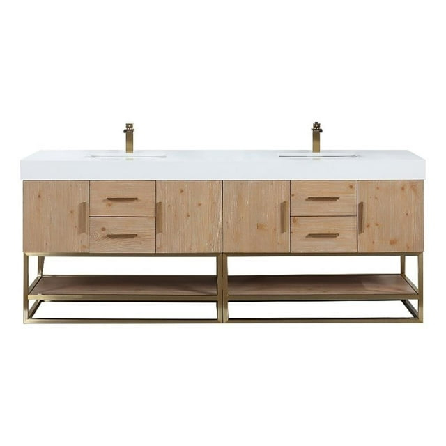 Bianco 84" Wood Vanity in Light Brown with  Composite Stone Top without Mirror