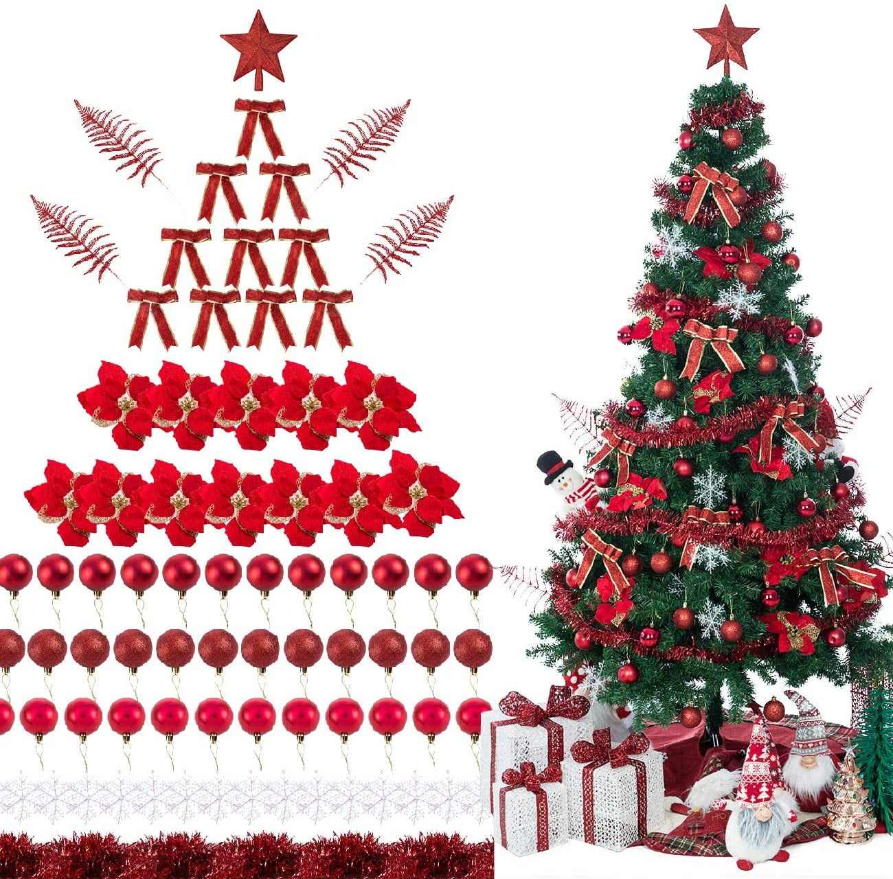 Bibana 94 PCS Christmas Tree Ornaments Set with Glitter Poinsettia, Bows, Ribbons, Leaves & Assorted Decoration Ball for Xmas Tree Holiday Wedding Party Decorations (Red)