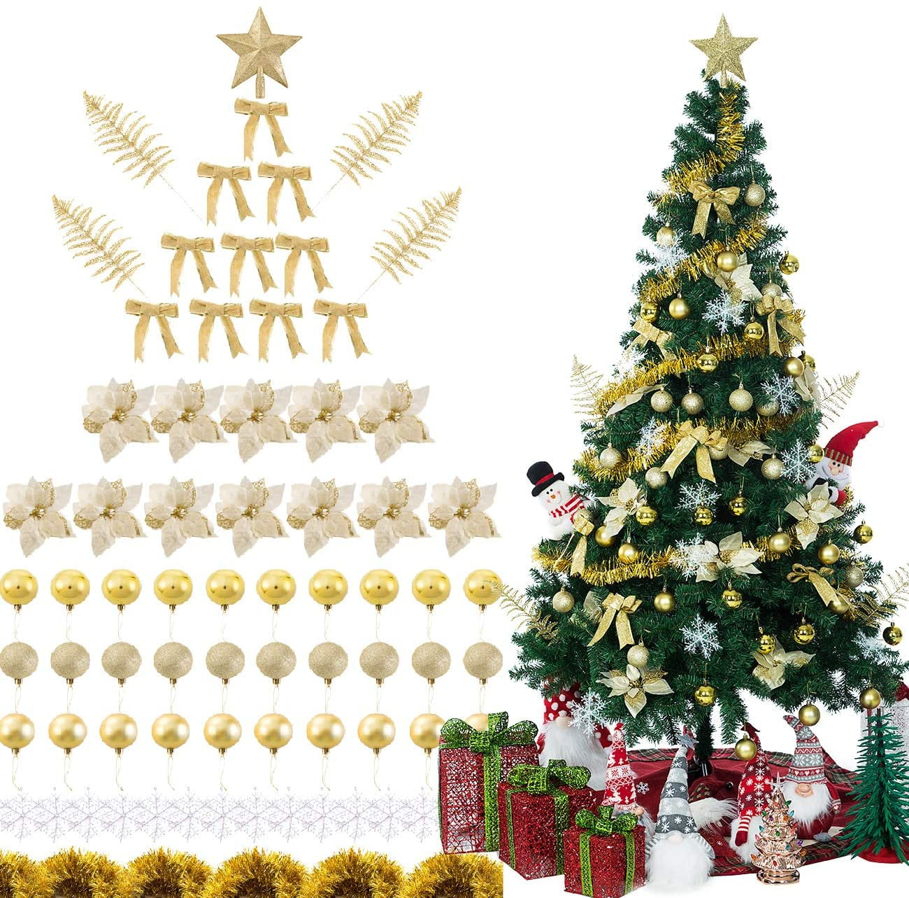Bibana 94 PCS Christmas Tree Ornaments Set with Glitter Poinsettia, Bows, Ribbons, Leaves & Assorted Decoration Ball for Xmas Tree Holiday Wedding Party Decorations