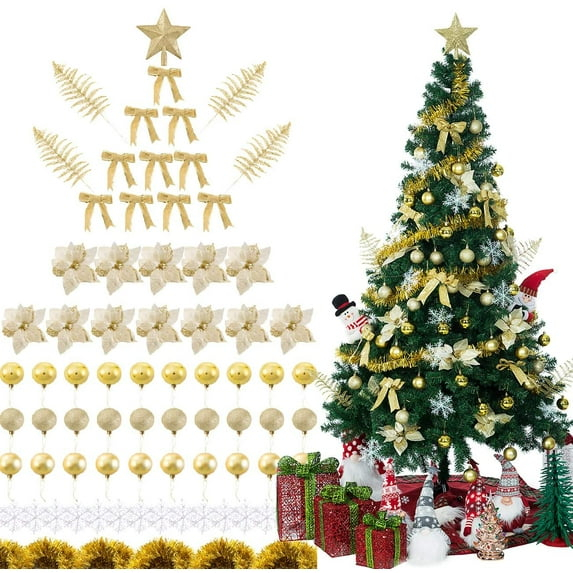 Bibana 94 PCS Christmas Tree Ornaments Set with Glitter Poinsettia, Bows, Ribbons, Leaves & Assorted Decoration Ball for Xmas Tree Holiday Wedding Party Decorations