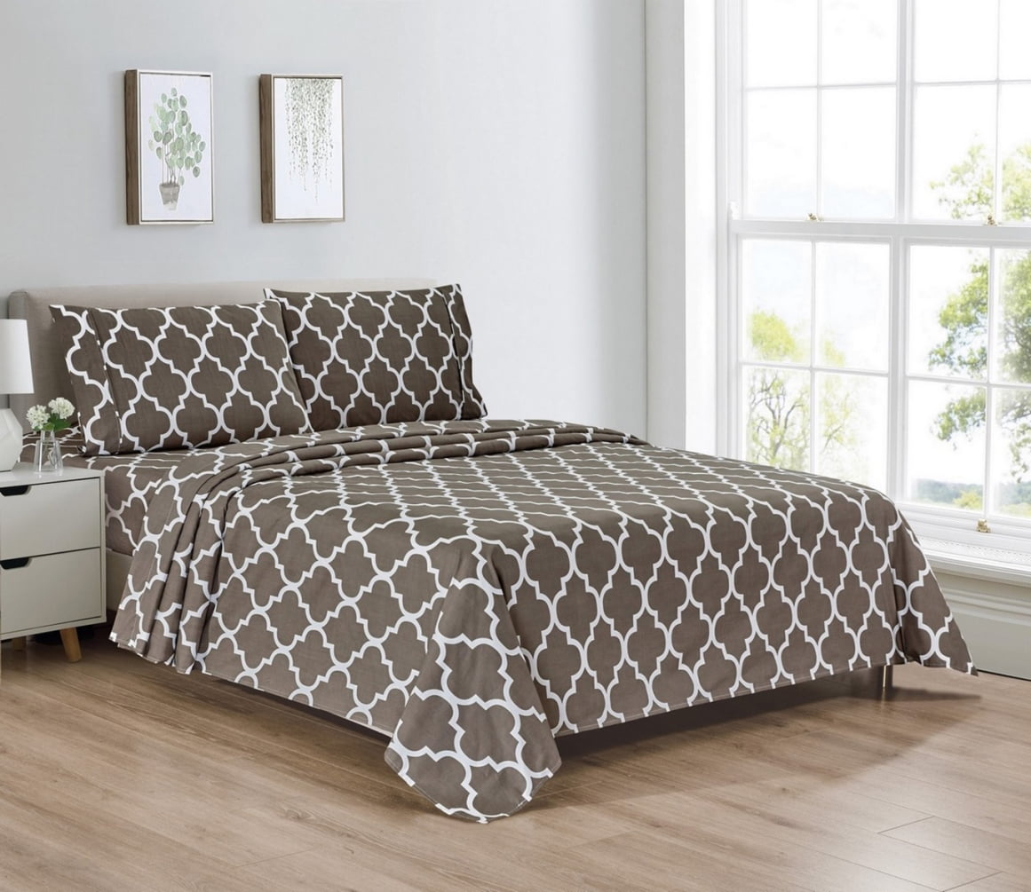 Bibb Home  Queen Size Egyptian Luxury 1800 Thread Count Printed Sheet Set, Gray Trellis - 4 Piece