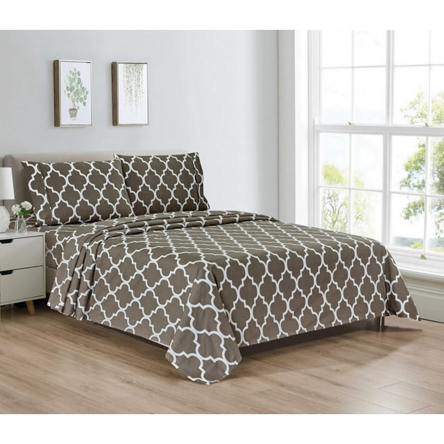 Bibb Home  Queen Size Egyptian Luxury 1800 Thread Count Printed Sheet Set, Gray Trellis - 4 Piece