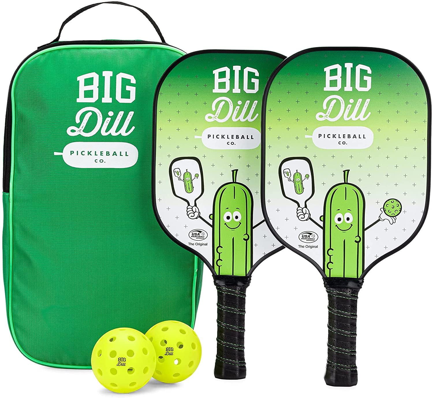 Big Dill Pickleball Co. Original Graphite Carbon Fiber Pickleball Paddles Set of 2 Paddles with Covers, 2 Pickleballs & Bag — Top-Rated Pickleball Set