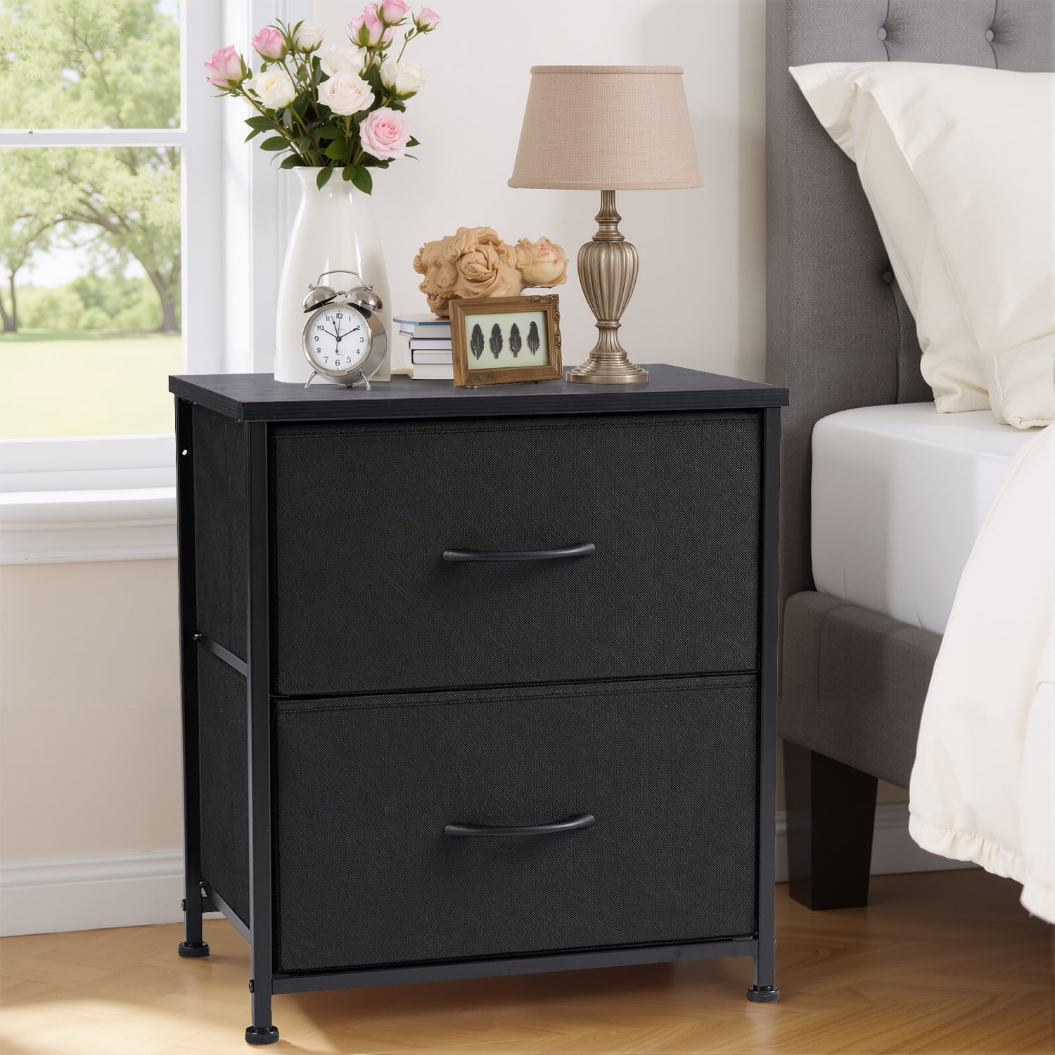 CONCETTA Cómoda de Tela 2, Mesita de Noche Ajustable de 20 Pulgadas con Cajones para Dormitorio, Entrada, Armario, Negro