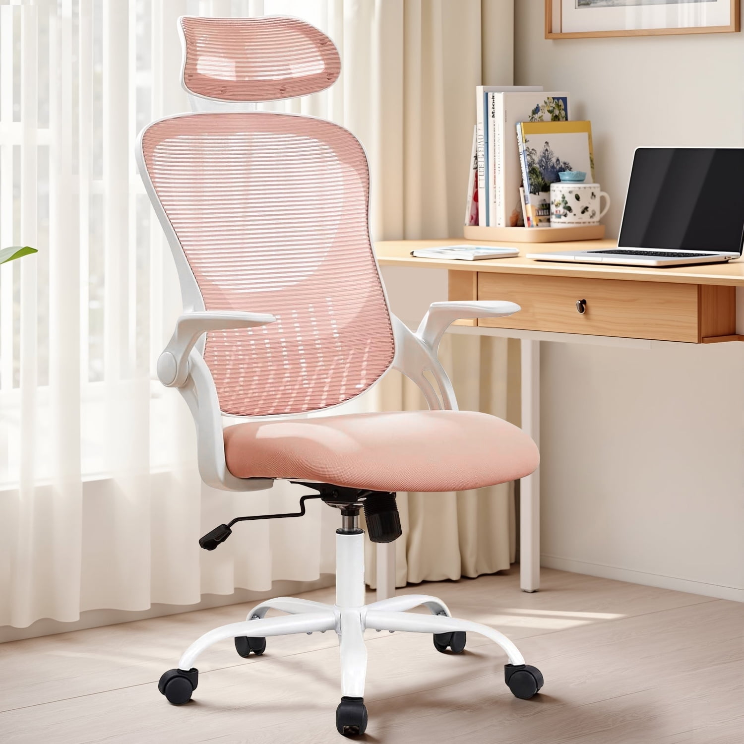 CONCETTA Office Desk Chair, Ergonomic High Back Mesh with Headrest Flip-up Armrest for Adults, Pink