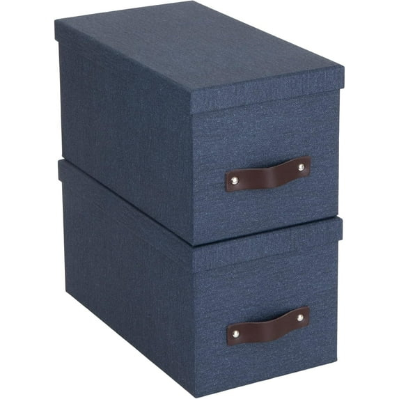 Bigso Box of Sweden Silvia Organizational Storage Box with Leather Handle for Shelves and Stacks Easily - Durable and Decorative Storage Boxes with Lids - 5.9 in x 6.5 in x 11.6 in - 2 Pack - Blue
