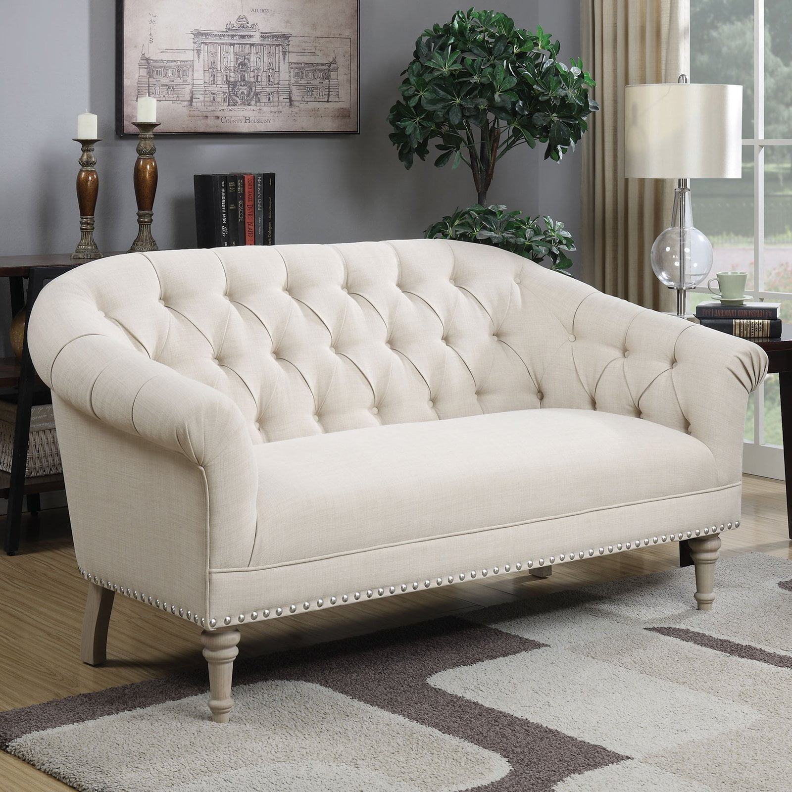 Pemberly Row Tufted Loveseat in Natural and Weathered Gray
