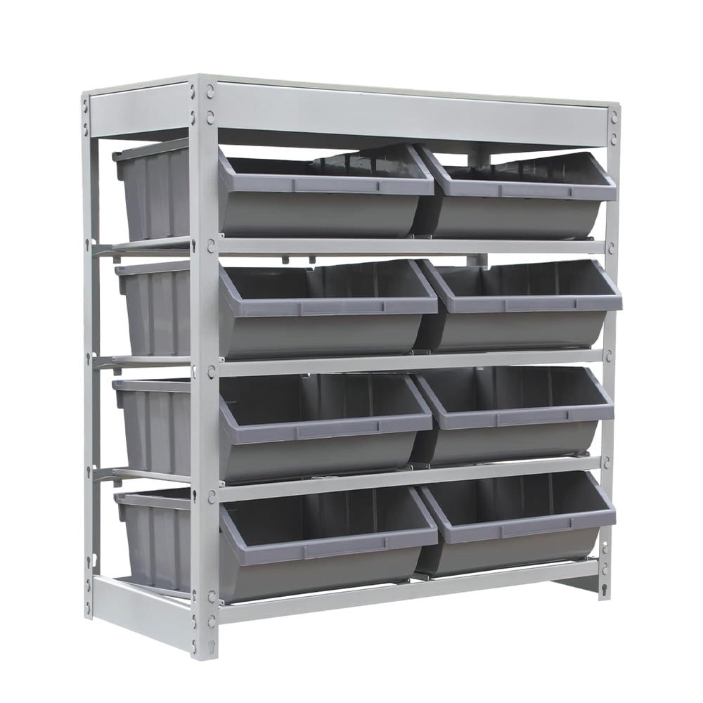 Bin Rack, Shelving Unit with Durable Construction for Easy Organization of Parts and Tools, Boltless Steel Storage System Organizer with 8 Plastic Bins in 4 tiers, Use in Store, Garage,Grey