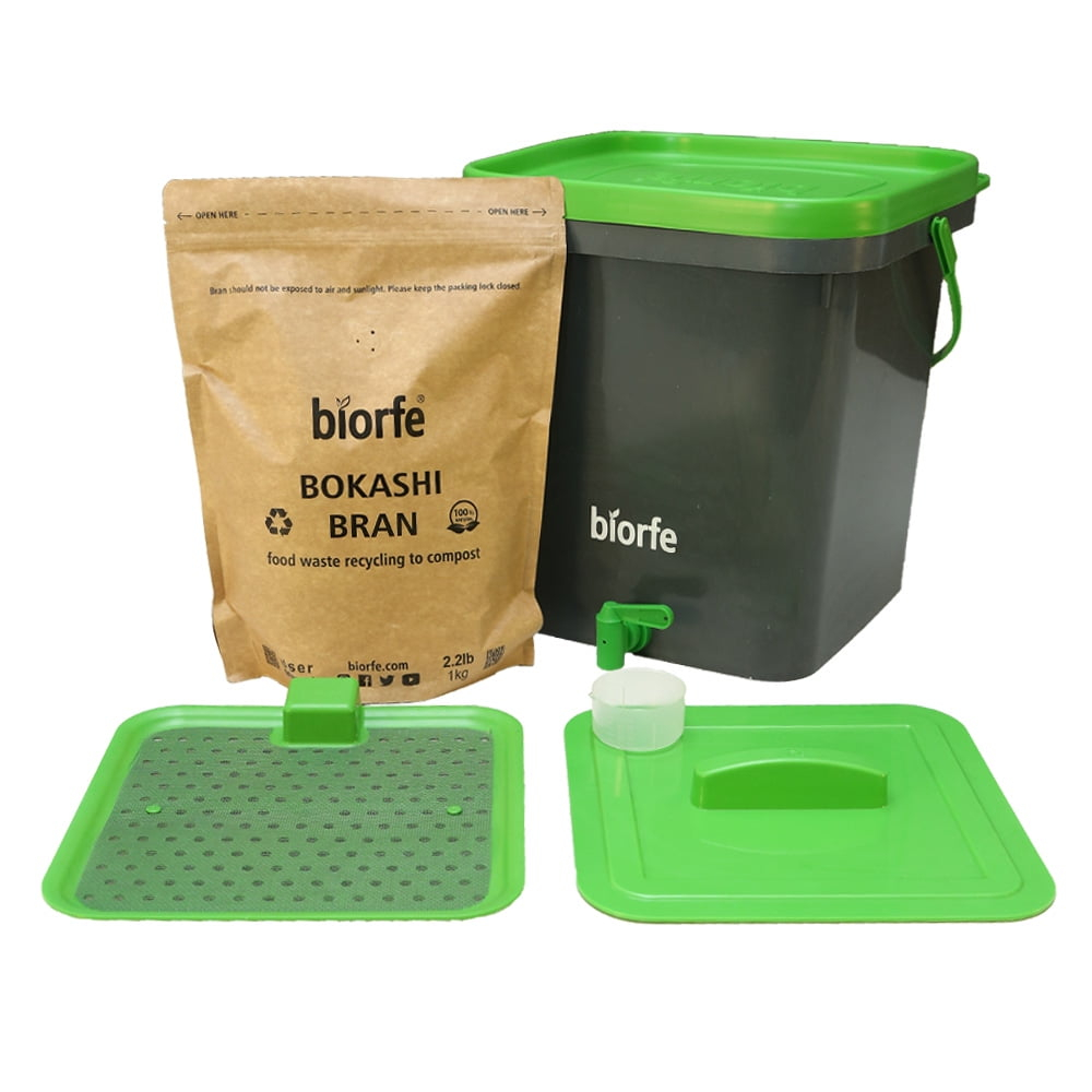 Biorfe Indoor Bokashi Compost Bin, 5.3 Gallons Anthracite Composter Set with 2.2 lbs Bokashi Bran