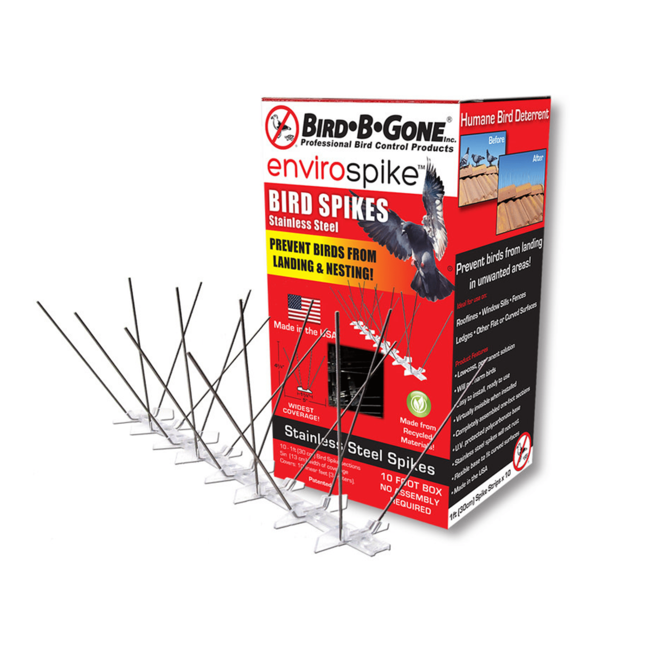 Bird-B-Gone Enviro Spike Stainless Steel Bird Spike, Deterrent Repellent, 10 ft. x 5 in.