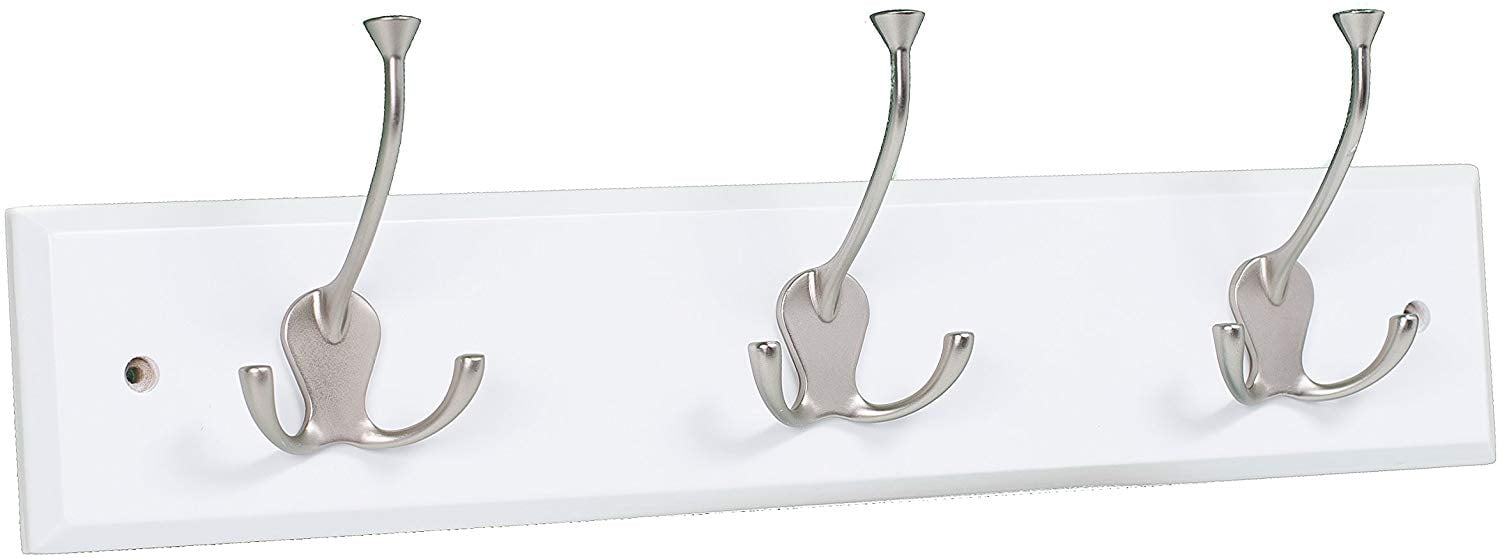 BirdRock Home Tri Hook Coat Rack - 3 Hooks - Wall Mount Hat Rack - White Finish - Satin Nickel Hooks