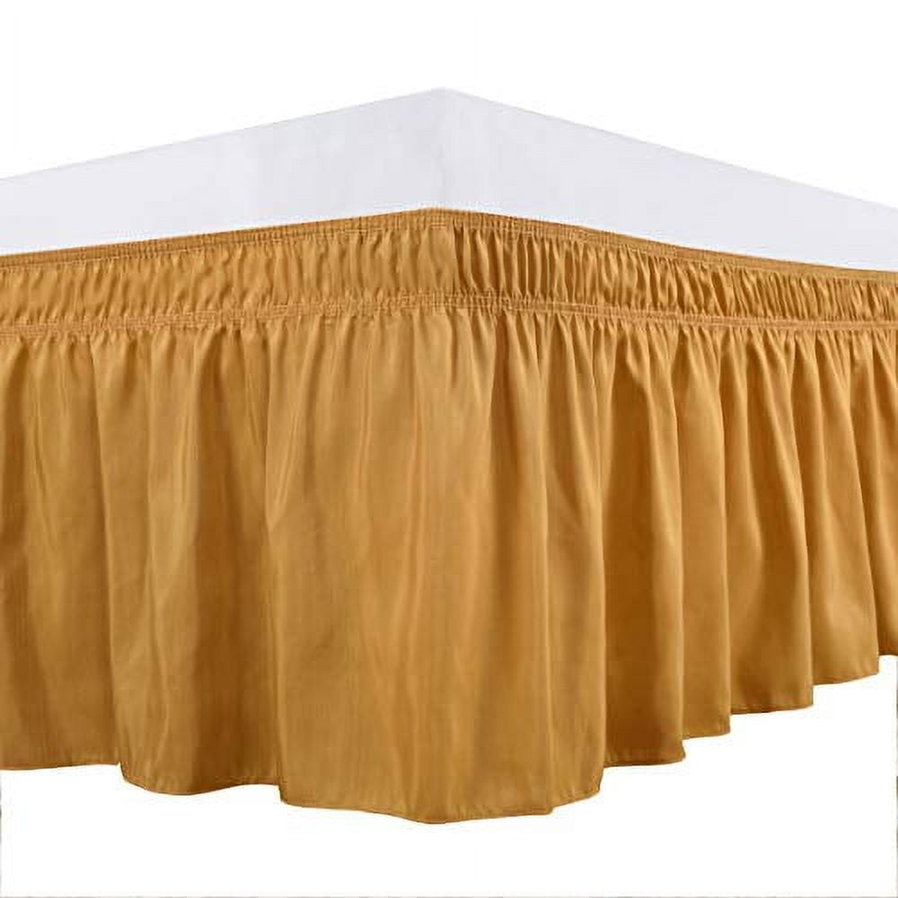Biscaynebay Wrap Around Bed Skirts, Gold for Queen Size Beds 15 Inches Drop, Elastic Dust Ruffles, Easy Fit Wrinkle & Fade Resistant Silky Luxurious Fabric