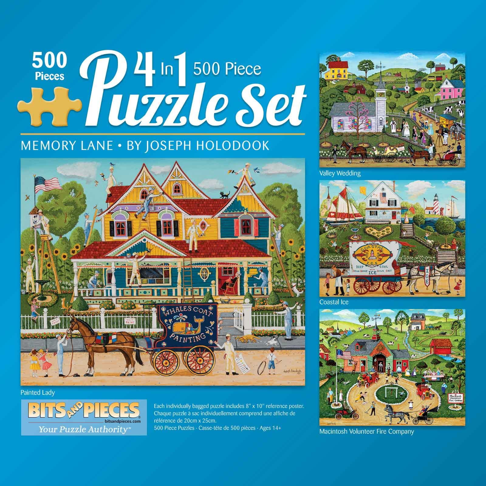 Bits and Pieces 4-in-1 Multi-Pack 500 Piece Jigsaw Puzzles Memory Lane by Joseph Holodook 16"x20"
