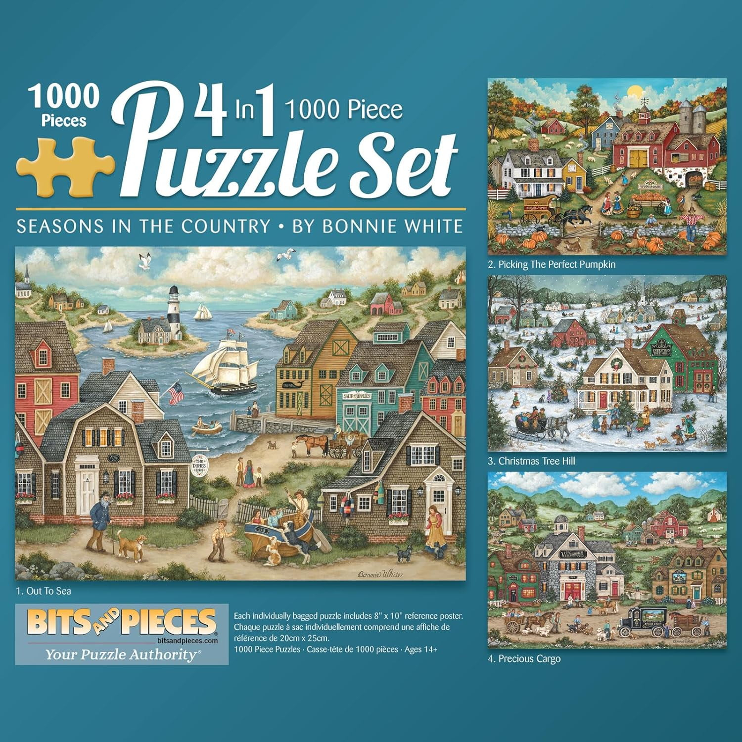 Bits and Pieces Set Of 4 1000 Piece Jigsaw Puzzles Seasons in The Country by Bonnie White 20" x 27"