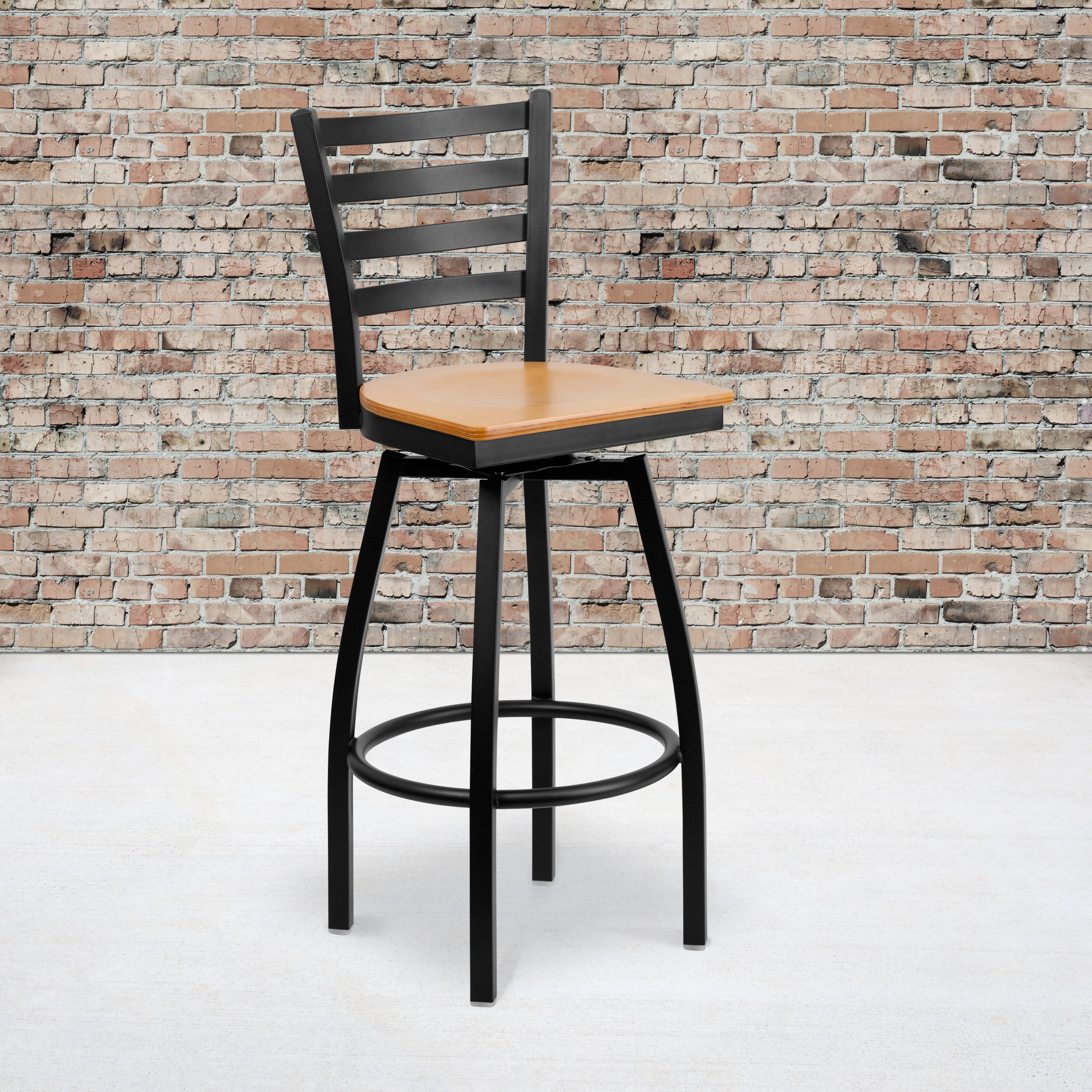 Flash Furniture 2 Pack HERCULES Series Black Ladder Back Swivel Metal Barstool - Natural Wood Seat