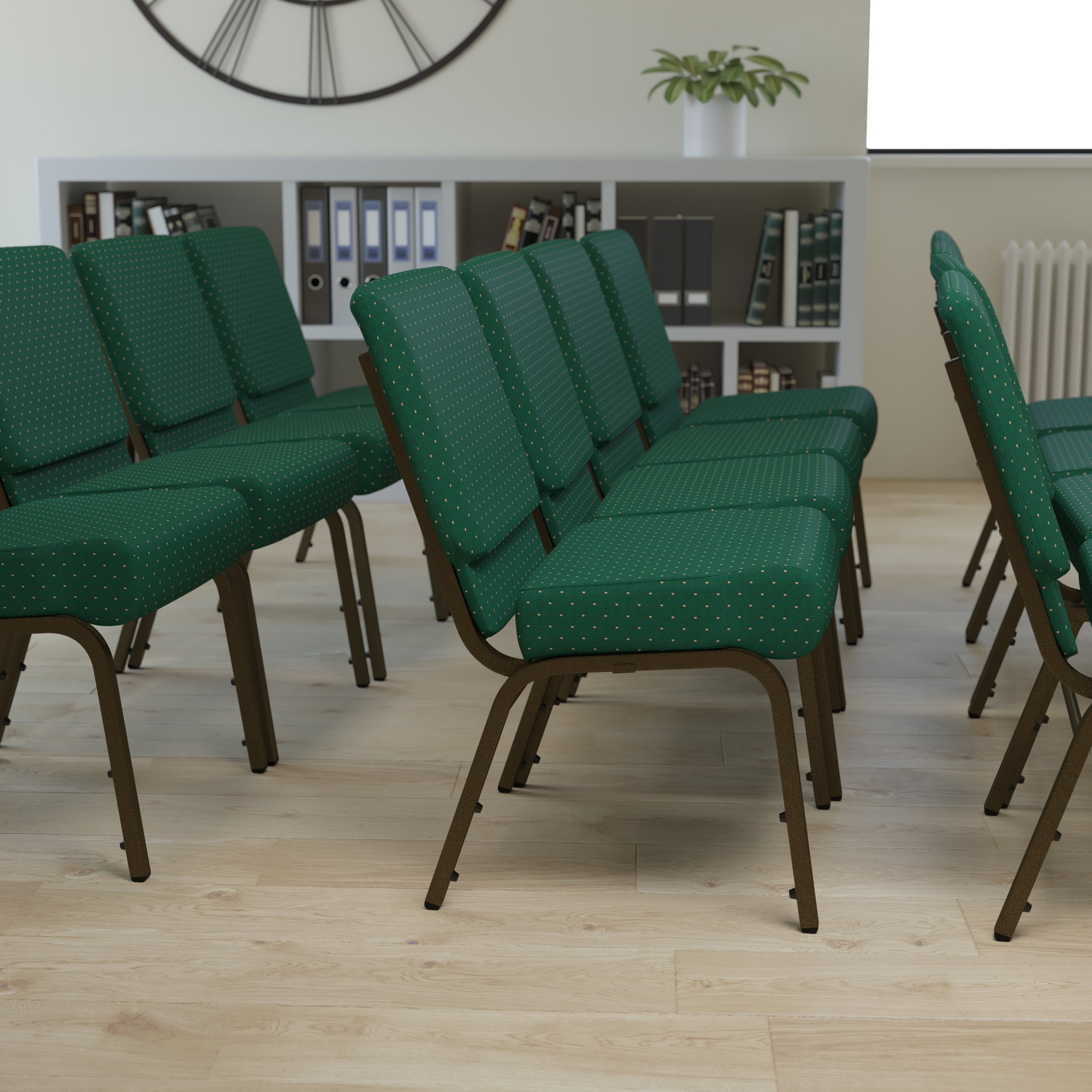 BizChair 21''W Stacking Church Chair in Hunter Green Dot Patterned Fabric - Gold Vein Frame