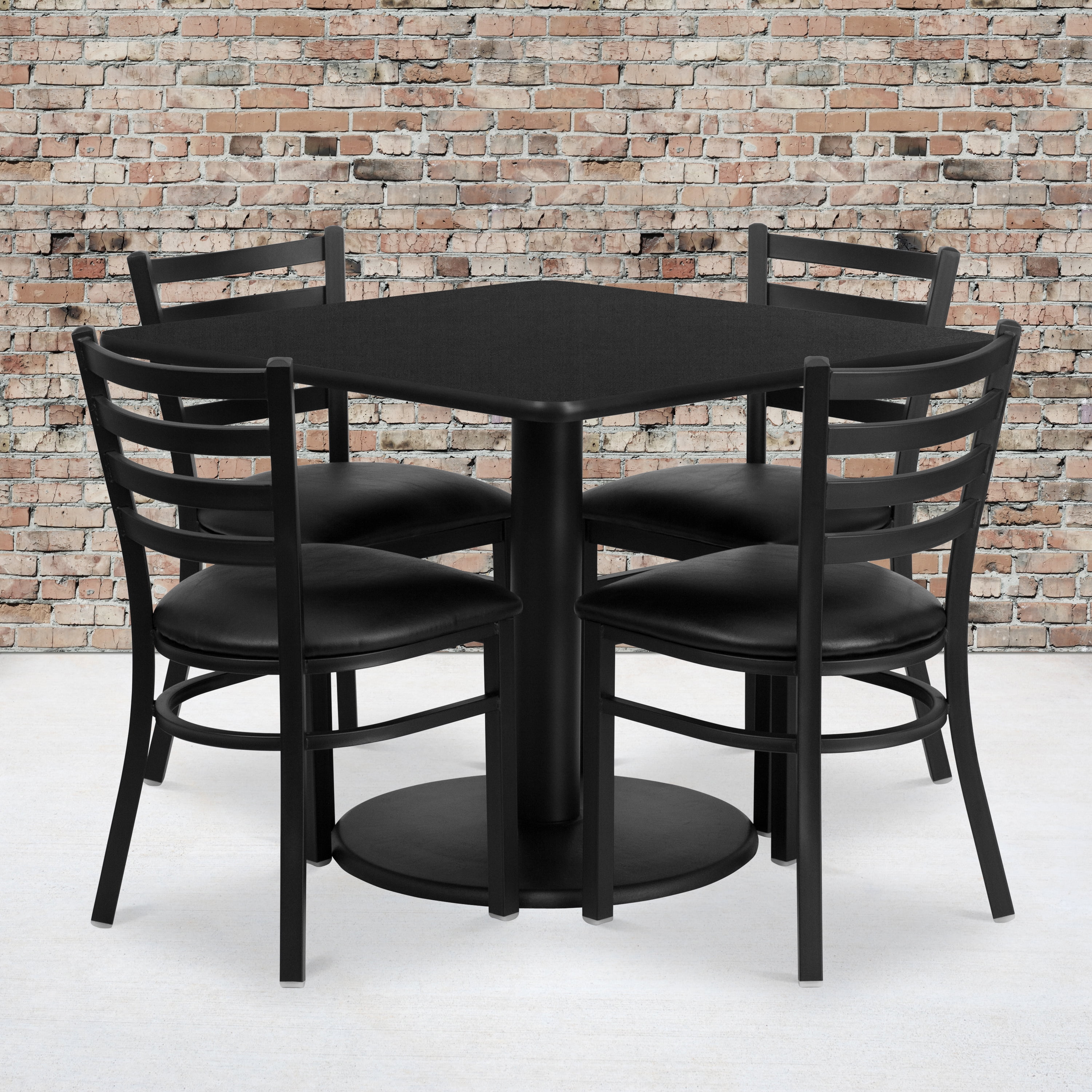 BizChair 36'' Square Black Laminate Table Set with Round Base and 4 Ladder Back Metal Chairs - Black Vinyl Seat