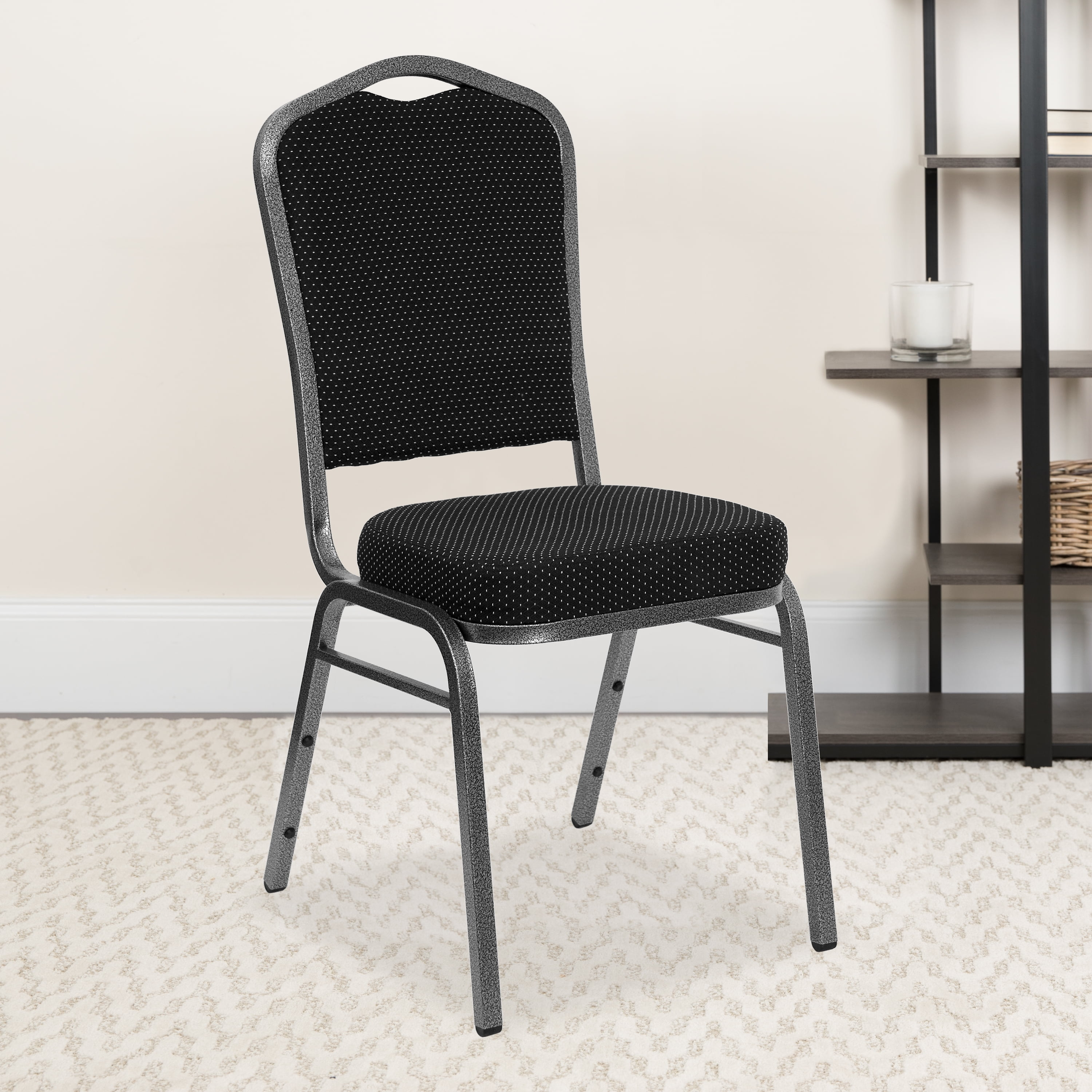 BizChair 4 Pack Crown Back Stacking Banquet Chair in Black Patterned Fabric - Silver Vein Frame