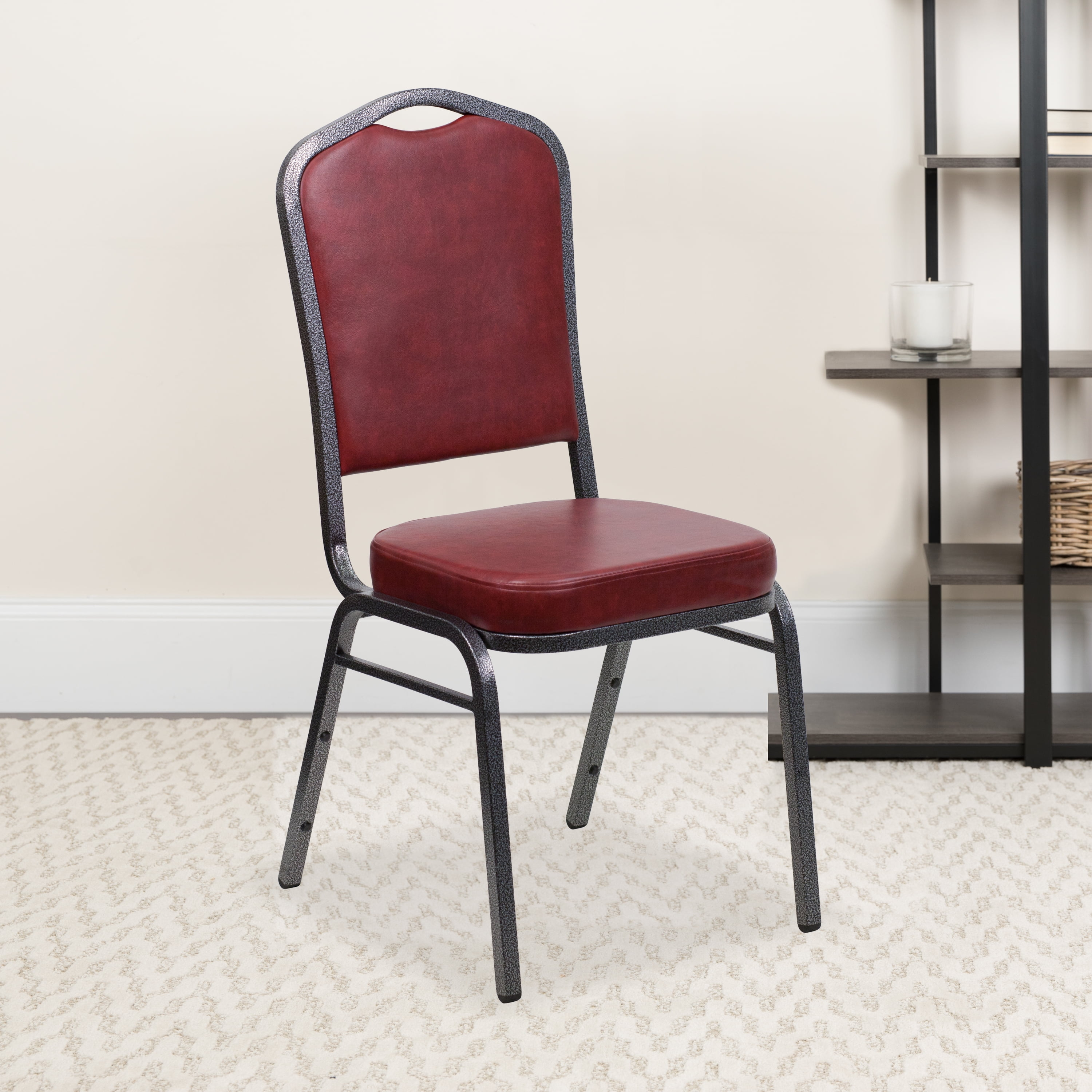 BizChair 4 Pack Crown Back Stacking Banquet Chair in Burgundy Vinyl - Silver Vein Frame