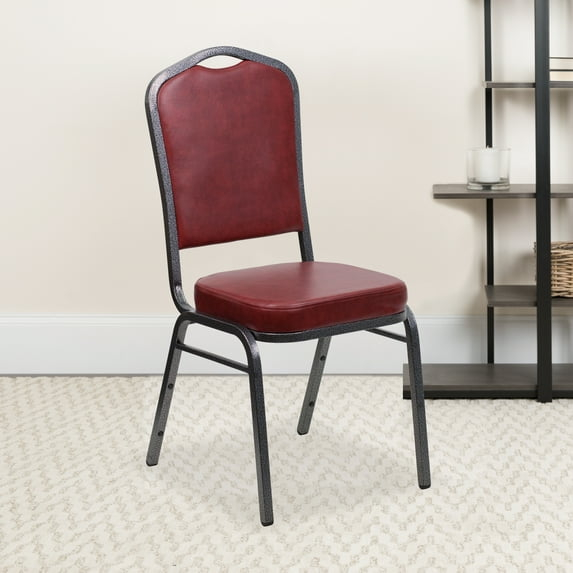BizChair 4 Pack Crown Back Stacking Banquet Chair in Burgundy Vinyl - Silver Vein Frame
