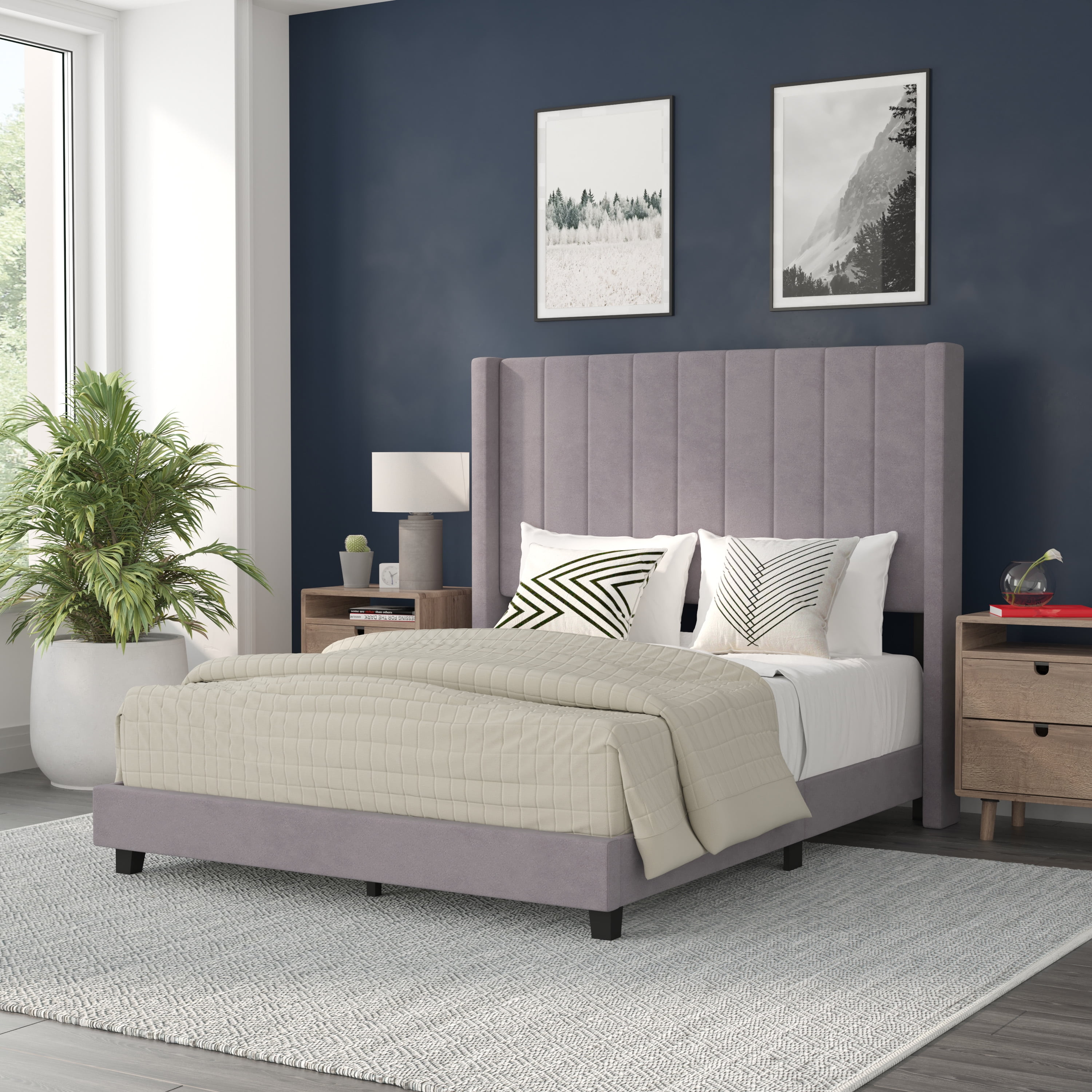 BizChair Full Upholstered Platform Bed with Vertical Stitched Wingback Headboard, Slatted Mattress Foundation, No Box Spring Needed, Gray Velvet