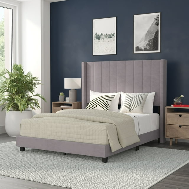 BizChair Full Upholstered Platform Bed with Vertical Stitched Wingback Headboard, Slatted Mattress Foundation, No Box Spring Needed, Gray Velvet