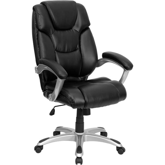 BizChair High Back Black LeatherSoft Layered Upholstered Executive Swivel Ergonomic Office Chair with Silver Nylon Base and Arms