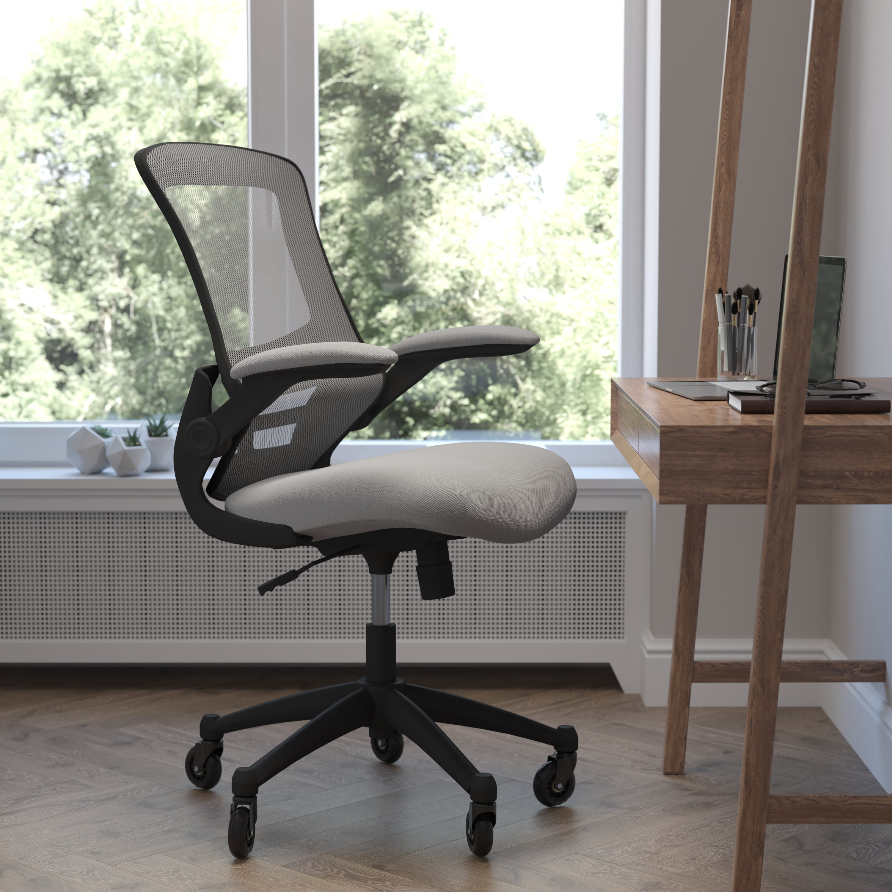 BizChair Mid-Back Dark Gray Mesh Swivel Ergonomic Task Office Chair with Flip-Up Arms and Transparent Roller Wheels