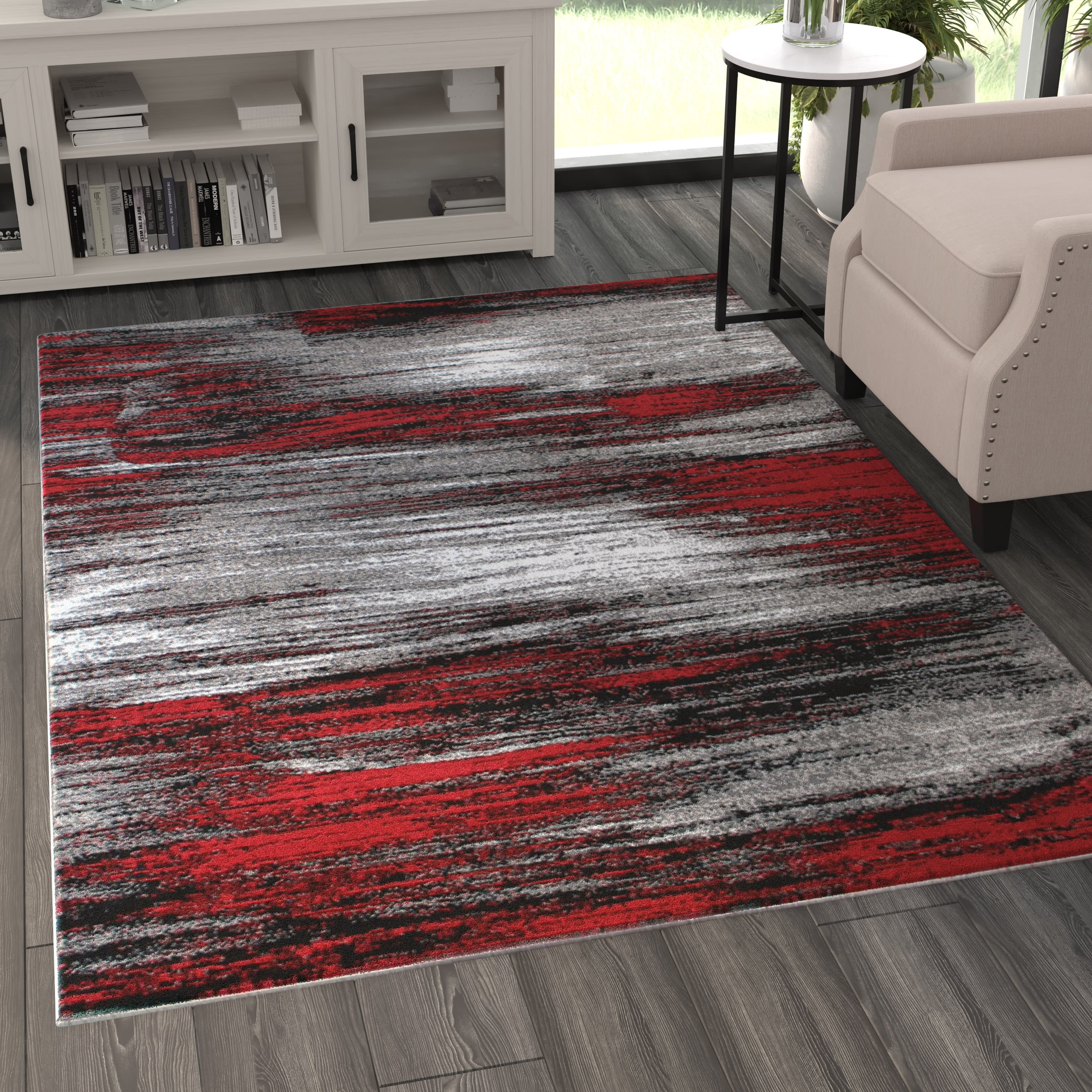 BizChair Modern Contemporary Area Rug, Red Grey Black (5 Feet X 7 Feet)