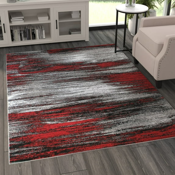 BizChair Modern Contemporary Area Rug, Red Grey Black (5 Feet X 7 Feet)