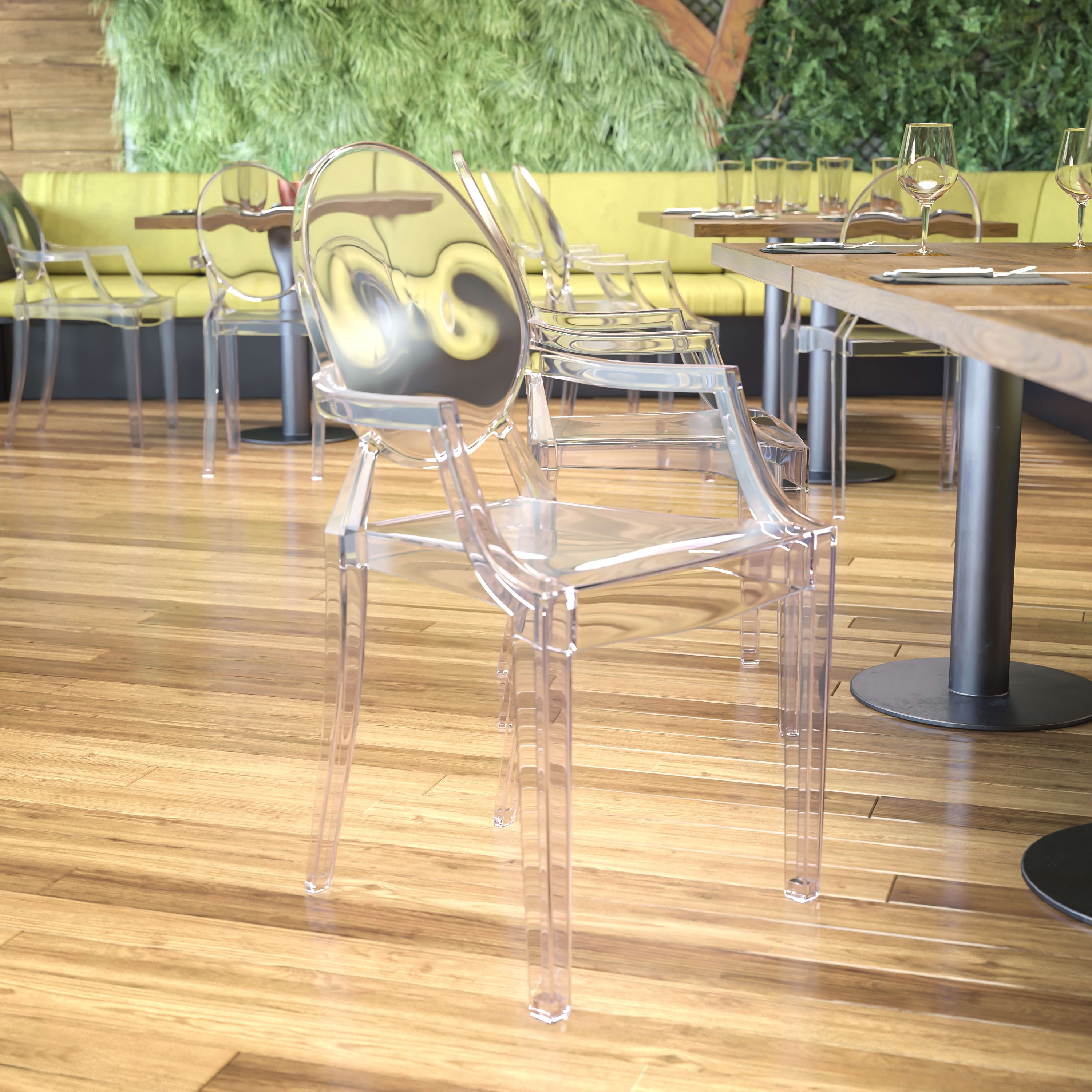 BizChair Oval Back Ghost Chair with Arms in Transparent Crystal