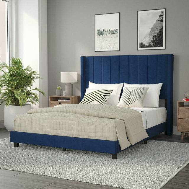 BizChair Queen Upholstered Platform Bed with Vertical Stitched Wingback Headboard, Slatted Mattress Foundation, No Box Spring Needed, Navy Velvet