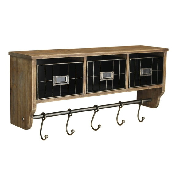 BizChair Rustic Coat Rack Wall Mounted Shelf with Hooks & Baskets, Entryway Organizer Wall Shelf with 5 Coat Hooks and Cubbies, (Rustic Brown, 24 Inch)