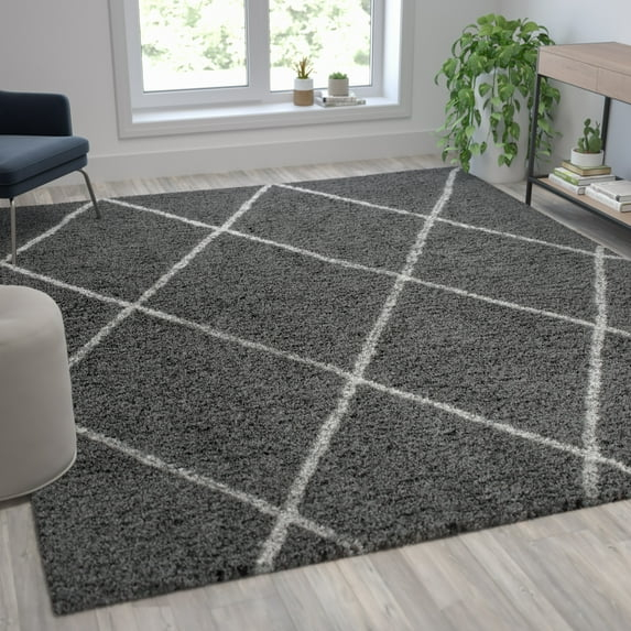 BizChair Shag Style Diamond Trellis Area Rug - 8' x 10' - Charcoal/Ivory Polyester (PET)