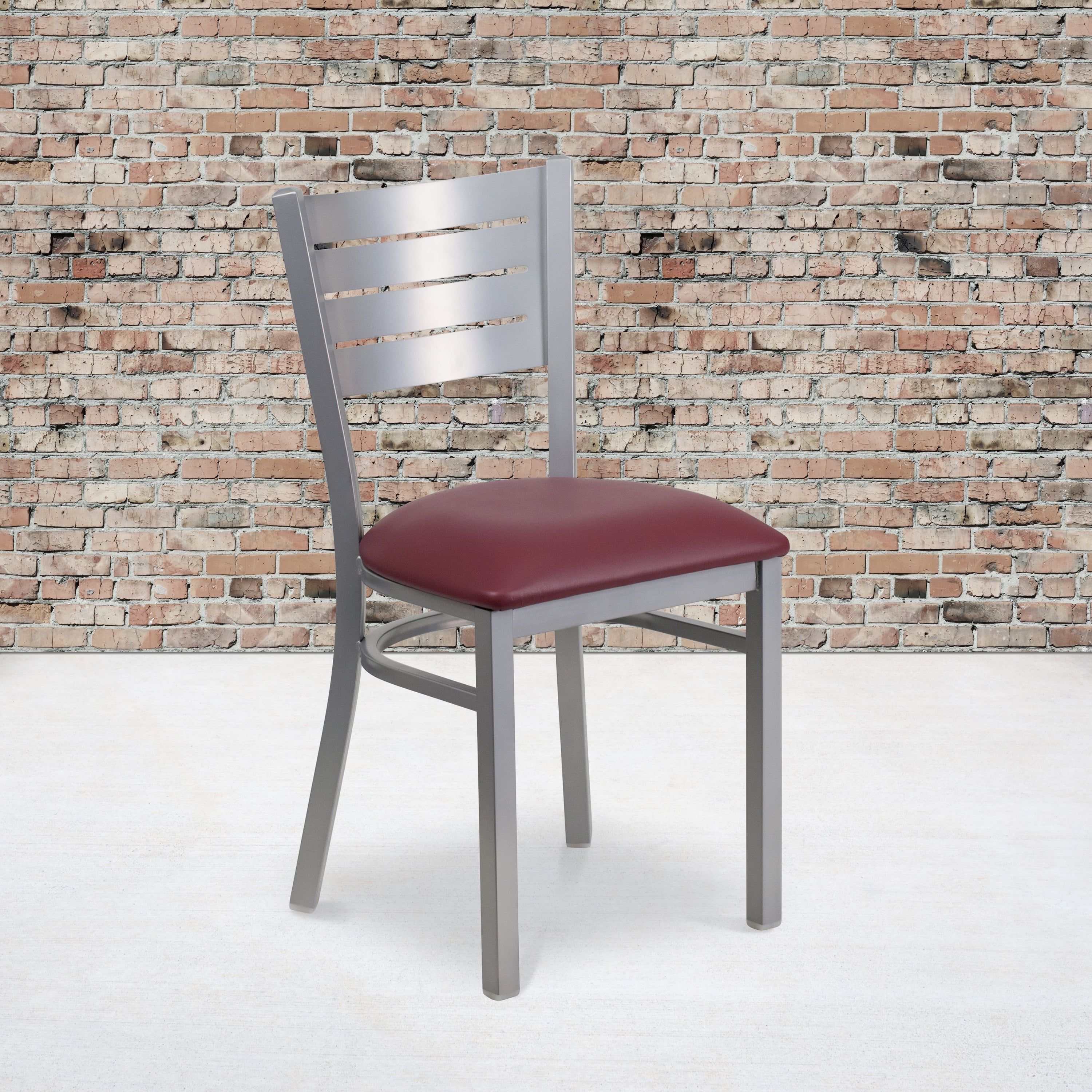 BizChair Silver Slat Back Metal Restaurant Chair - Burgundy Vinyl Seat