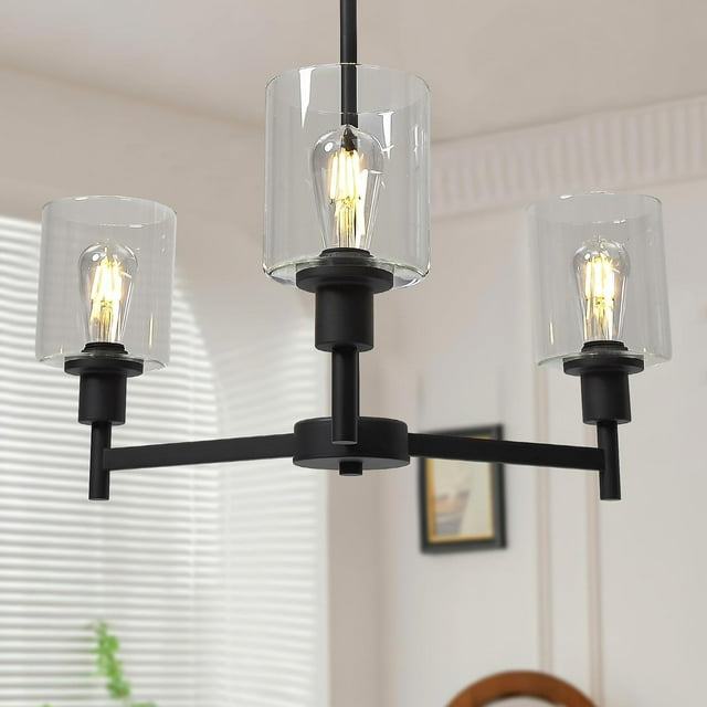 Black Chandelier for Dinning Room Living Room Island Kitchen Chandelier Light Fixtures Over Table, 3 Light Farmhouse Chandelier with Cylinder Clear Glass, Height Adjustable