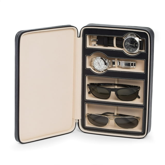 Black Leather Two Watch and Two Sunglass Travel Case with Form Fit Compartments with Zipper Closure.