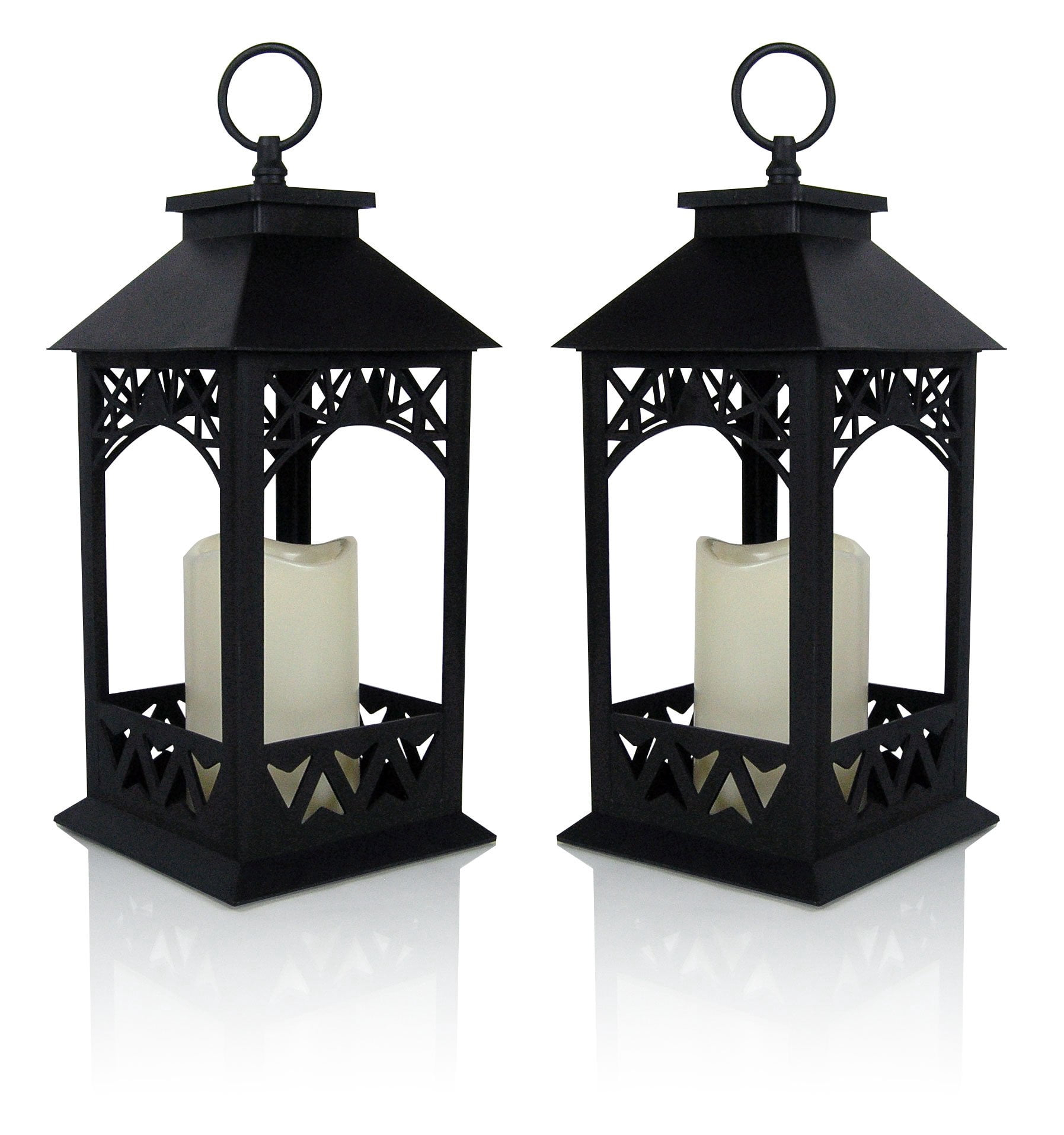Black Lighted LED Lanterns with Lattice Design - Pillar Candle with 4 Hour Timer Included - Remote Control - Hanging or Sitting Decoration - Set of 2 - 13" H - 9605-2