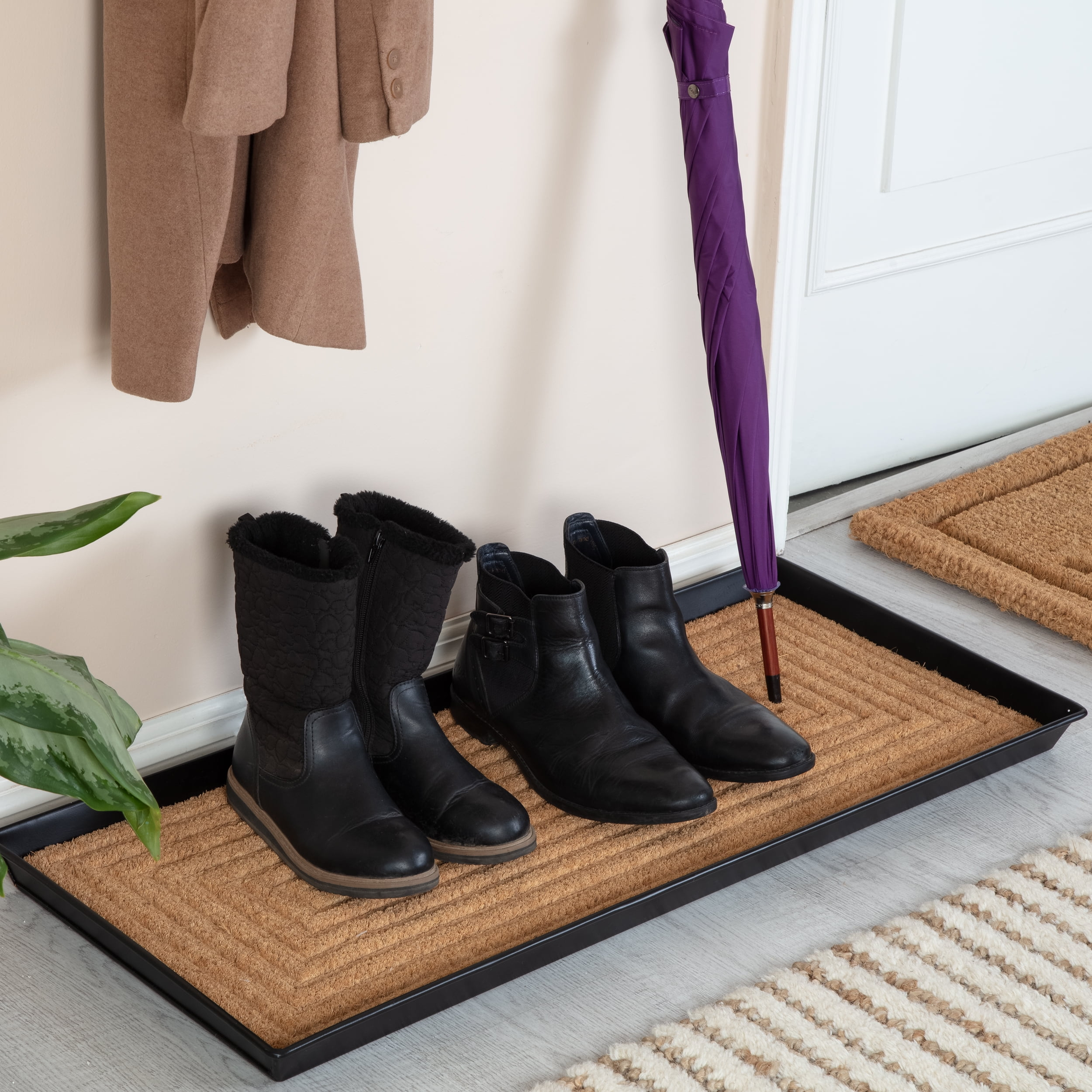 Black Metal Boot Tray with Rectangle Embossed Coir Insert