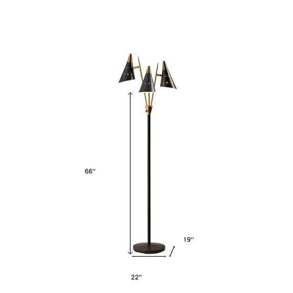 Black Metal Floor Lamp with Three Adjustable Antique Brass Accented Cone Shades