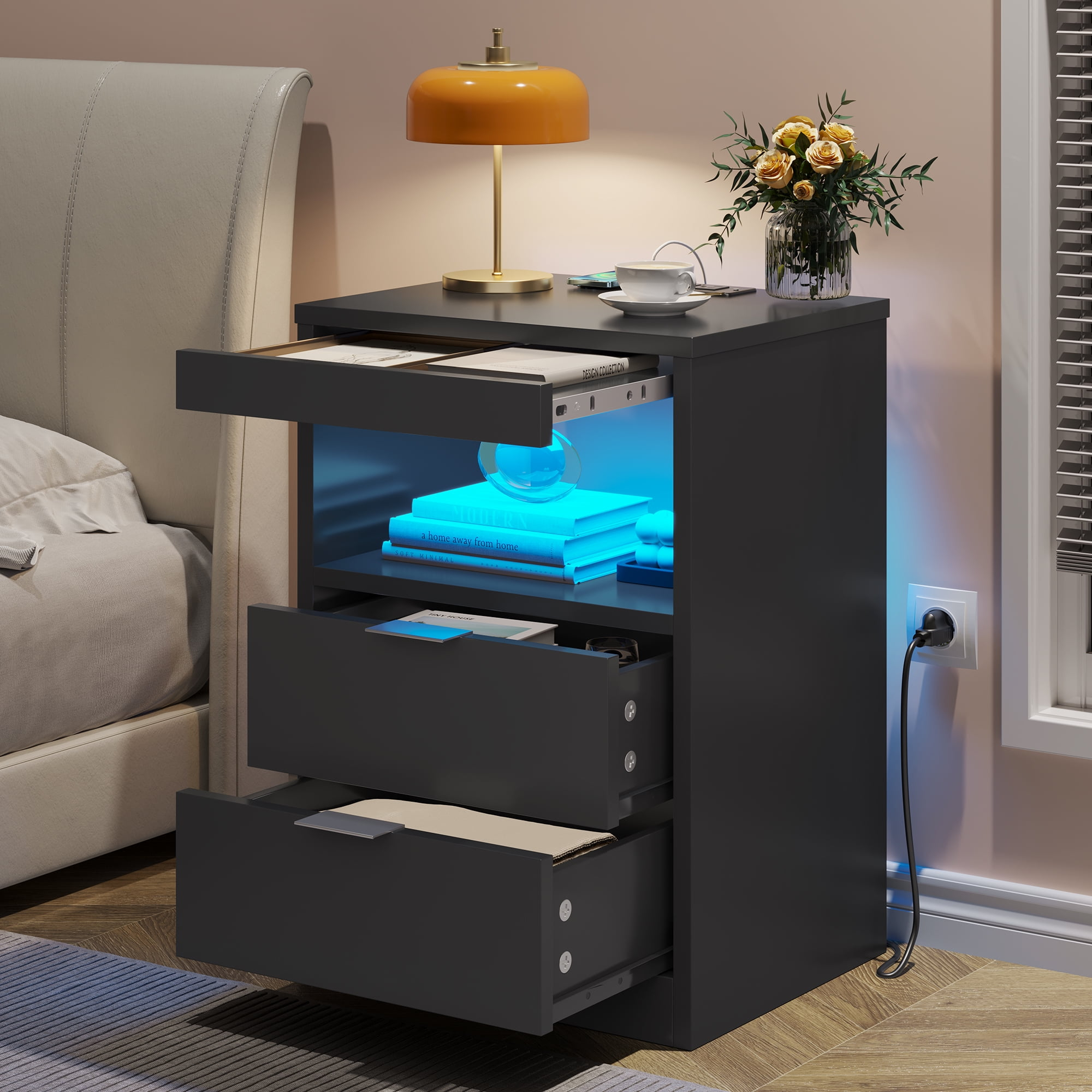 Black Nightstand with Wireless Charging Station and LED Lights, Bedside Table with 2 Drawers, Open Storage, 1 Pull-Out Tray, End Side Table with Storage