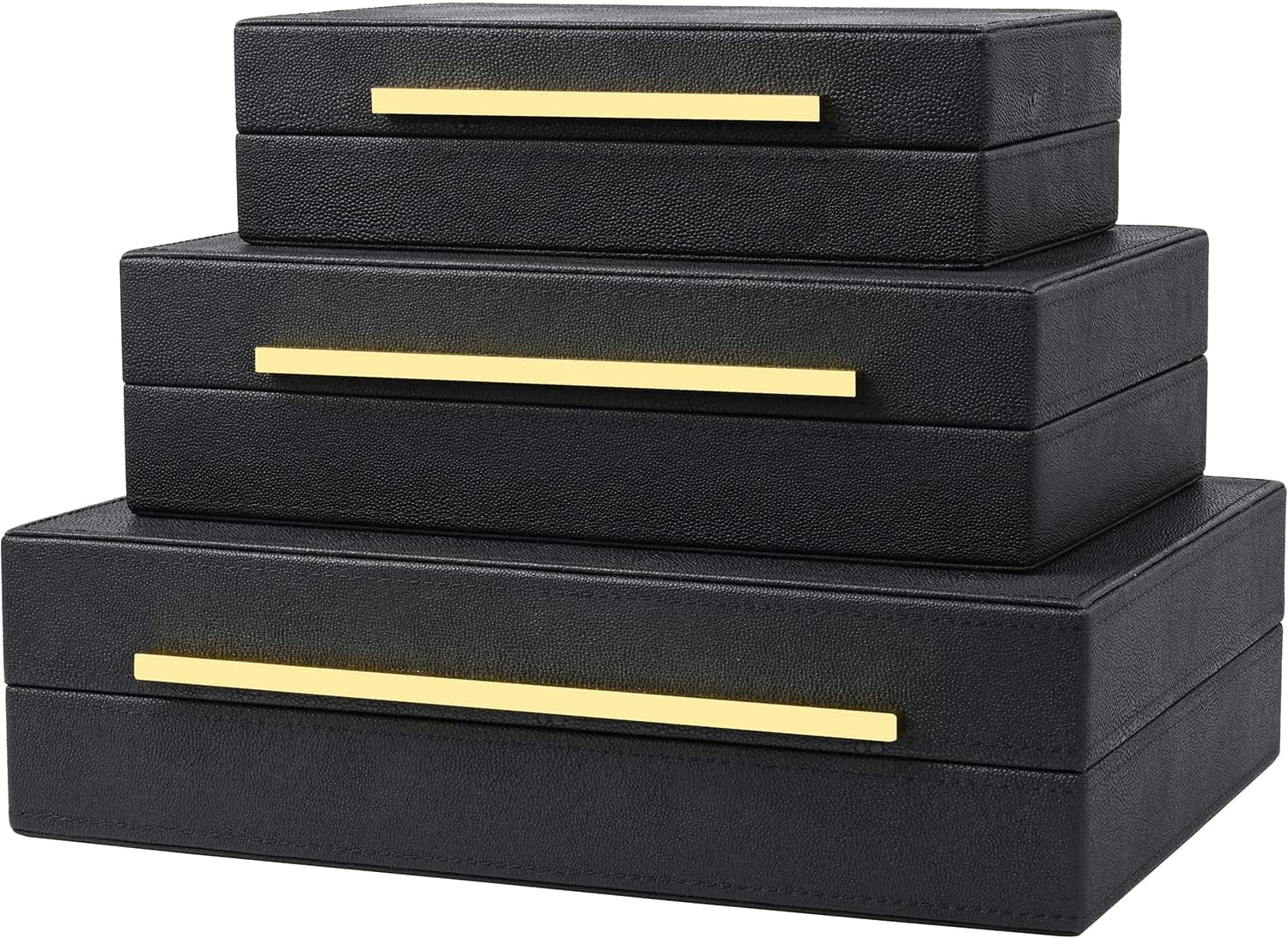 Faux  Leather Decorative Jewelry Storage Nesting Organizer Boxes with Lids Gold Handle Set of 3, Black