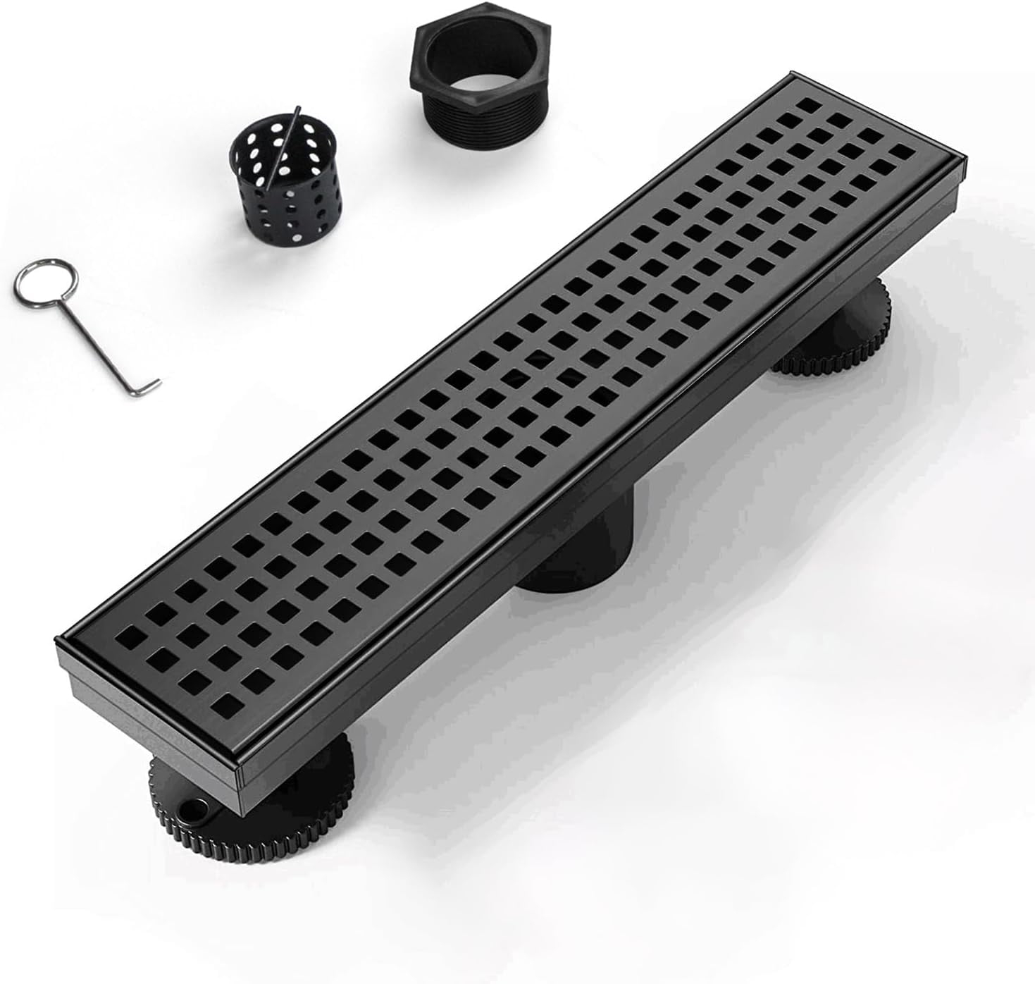 Black Shower Drain, Linear Shower Drain 12 Inch with Square Hole Panel, Matte Black Linear Drain with Hair Strainer and Leveling Feet