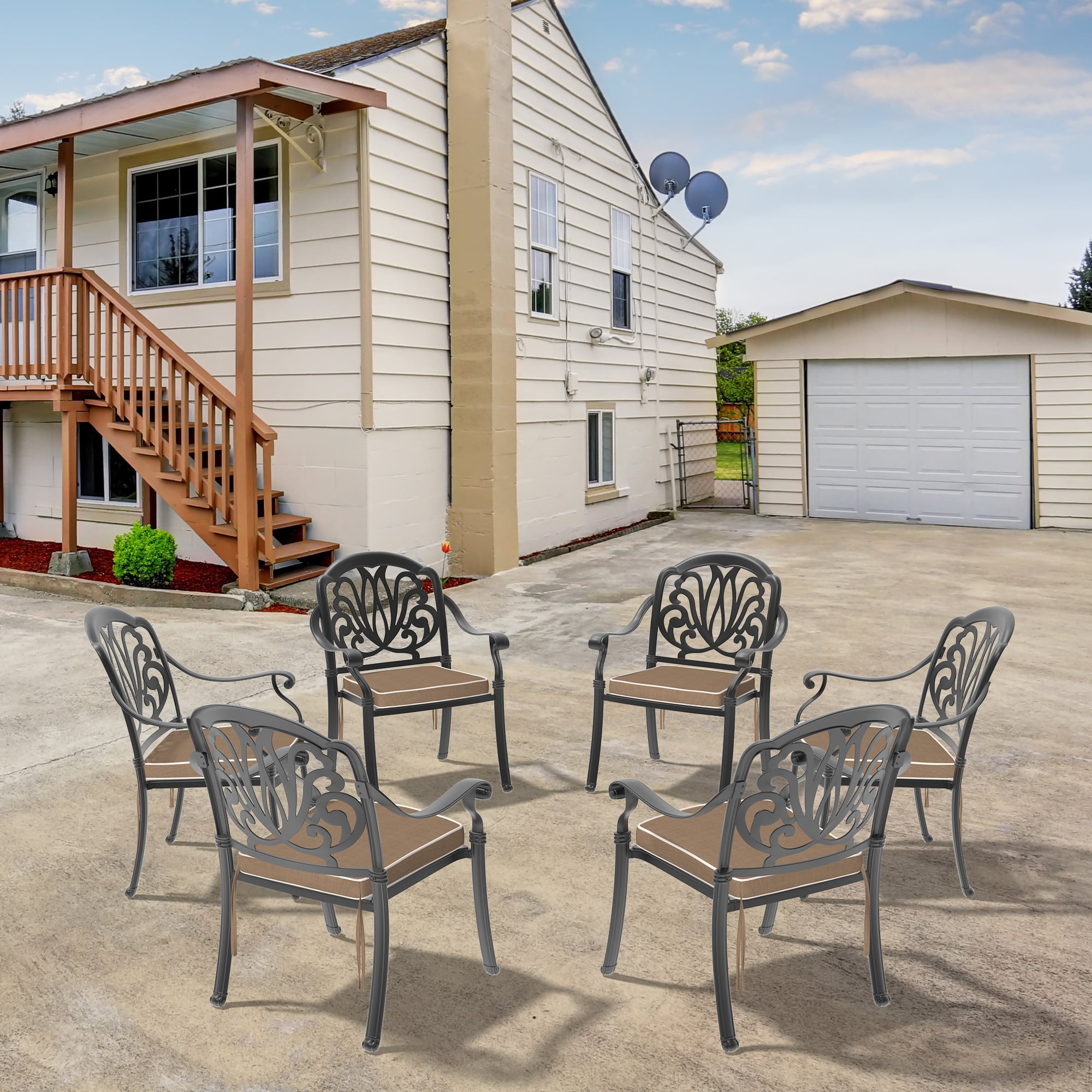 Hzzkey Outdoor Aluminum Dining Arm Chairs - Set of 6, Black, Random Color Cushions